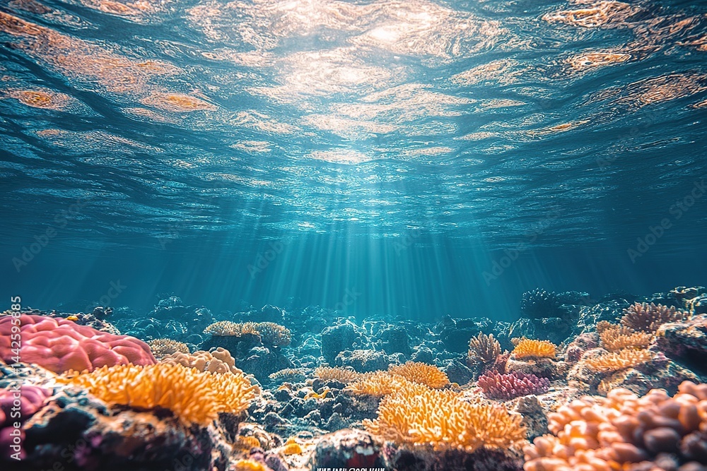 Colorful coral reef displays vibrant marine life and sunlit underwater beauty