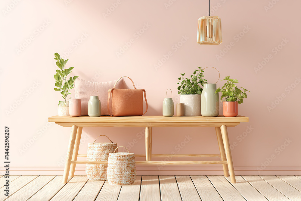Soft pink room with a decorative wooden table and lush green plants in stylish containers