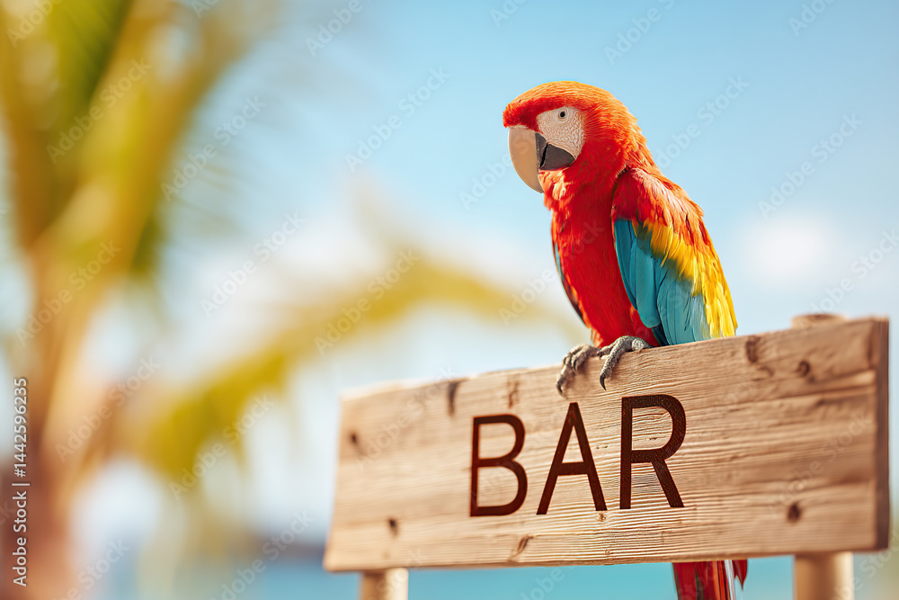 Colorful parrot perched on beach bar sign in tropical setting by the ocean in sunny weather