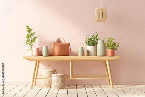 Soft pink room with a decorative wooden table and lush green plants in stylish containers