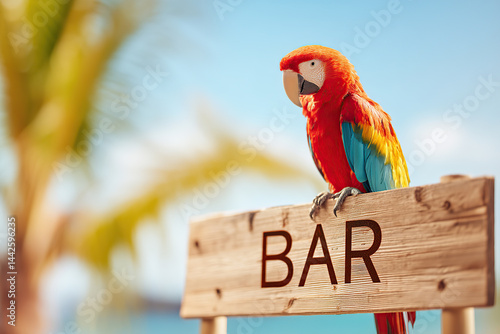 Obraz na płótnie Colorful parrot perched on beach bar sign in tropical setting by the ocean in sunny weather w salonie