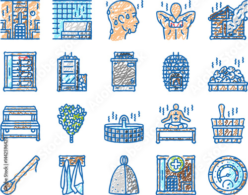 sauna bath spa relax steam room icons hand drawn