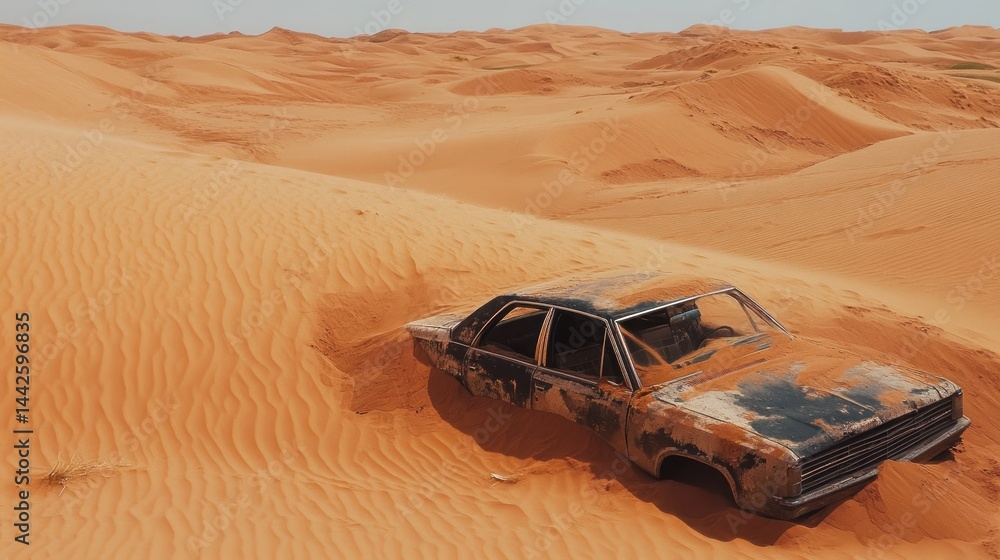 Obraz premium Abandoned car buried in desert sand dunes