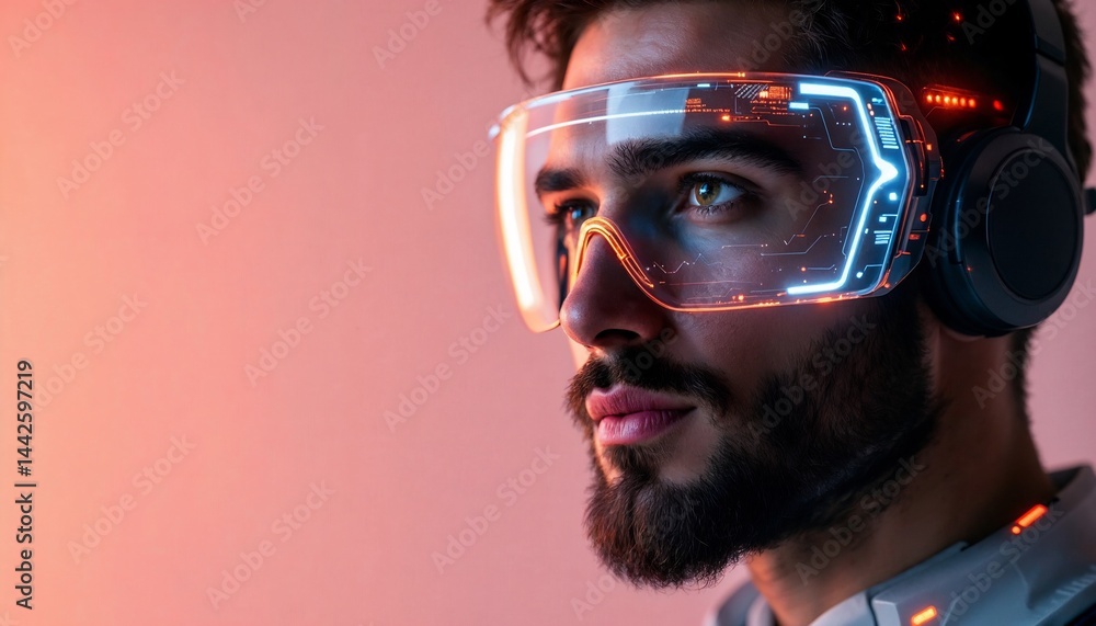 Visionary Gaze: A futuristic portrait showcasing a man immersed in a virtual reality experience, his eyes reflecting the dynamic interaction with digital interfaces and innovative technology. Visionary Gaze: A futuristic portrait showcasing a man immersed in a virtual reality experience, his eyes reflecting the dynamic interaction with digital interfaces and innovative technology.