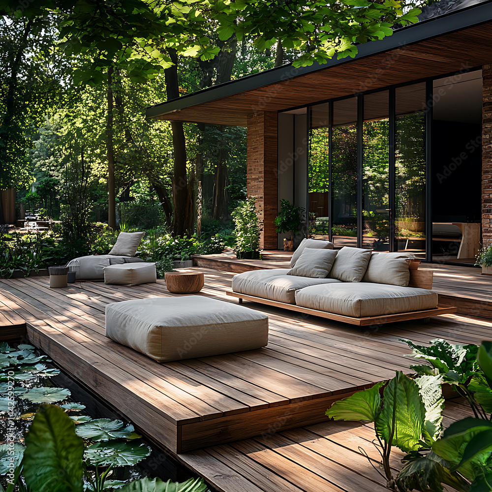 Scandinavian style deck with deep wood floors, light beige cushions, and leafy green surroundings., The setting includes comfortable seating areas and water features, Scandinavian style deck with deep wood floors, light beige cushions, and leafy green surroundings., The setting includes comfortable seating areas and water features,