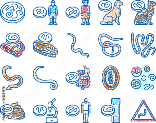 helminth worm parasite roundworm icons hand drawn