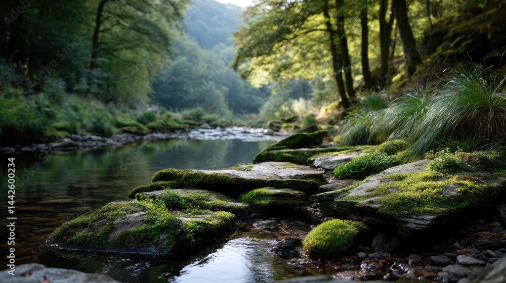 Green moss with natural colours in peaceful forest concept. Serene river landscape with lush greenery. Green moss with natural colours in peaceful forest concept. Serene river landscape with lush greenery.