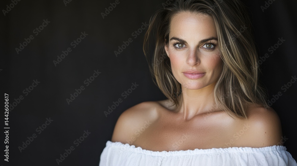 Fototapeta premium A woman with brown hair and brown eyes is wearing a white dress. She is standing in front of a black background