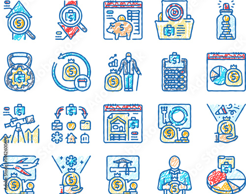budget planning finance saving icons hand drawn