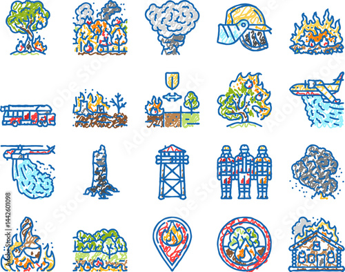 wildfire blaze firestorm burn icons hand drawn