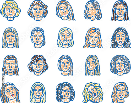 facial expression female smile icons hand drawn