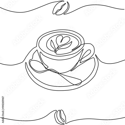 Coffee cup with a plate and a cute ornament on cappuccino