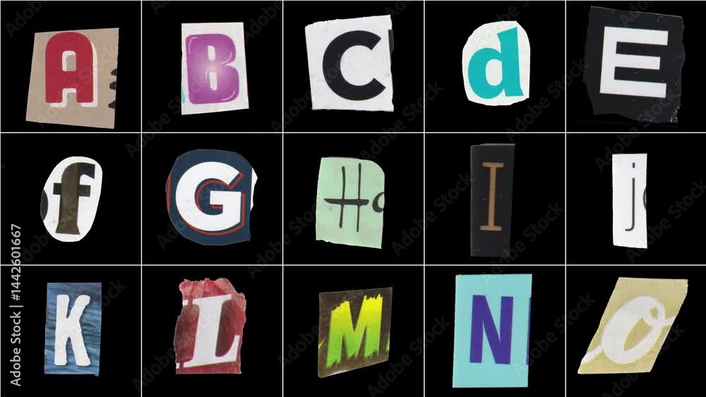 An animated magazine font featuring all the letters of the alphabet and the main punctuation/special characters, made from magazine clippings, on a transparent background for easy compositing.