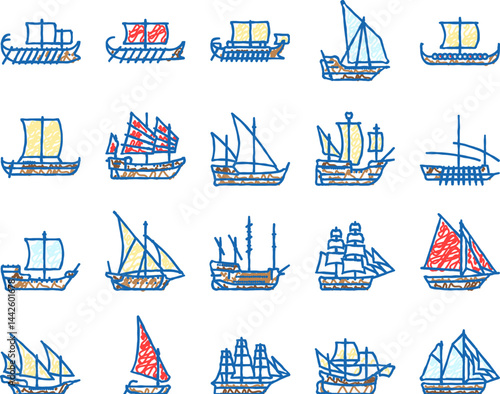 ancient ship maritime vessel icons hand drawn