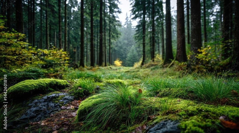 Green moss in natural forest with beautiful colours concept. Lush green forest with tall trees and vibrant moss-covered ground. Green moss in natural forest with beautiful colours concept. Lush green forest with tall trees and vibrant moss-covered ground.
