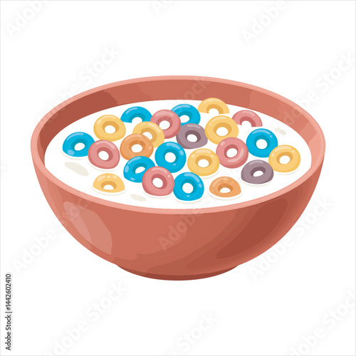  Cereal milk breakfast. Ceramic bowl with falling sweet flakes and spoon.