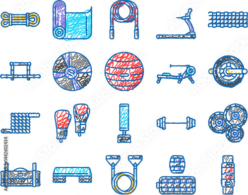 fitness tool dumbbell kettlebell icons hand drawn