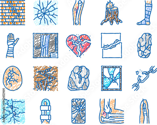 fracture bone break injury icons hand drawn