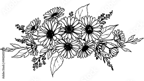 A black and white hand-drawn illustration of a floral bouquet featuring blooming daisies and delicate leaves.