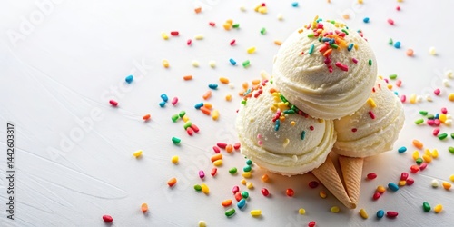 Creamy vanilla ice cream with colorful sprinkles arranged in a decorative pattern on a white background, sweet, food,  sweet