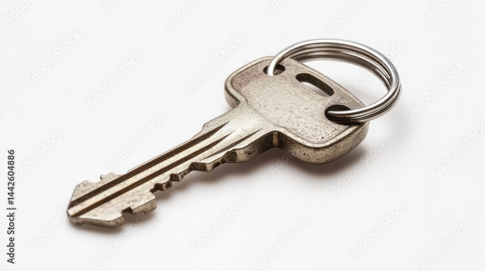 Silver house key next to small padlock on white background. Silver house key next to small padlock on white background.