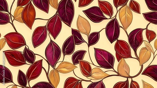 Autumn Leaves Seamless Pattern Red Gold Botanical Design