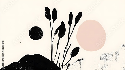 Abstract Minimalist Botanical Art Print Black White Pink