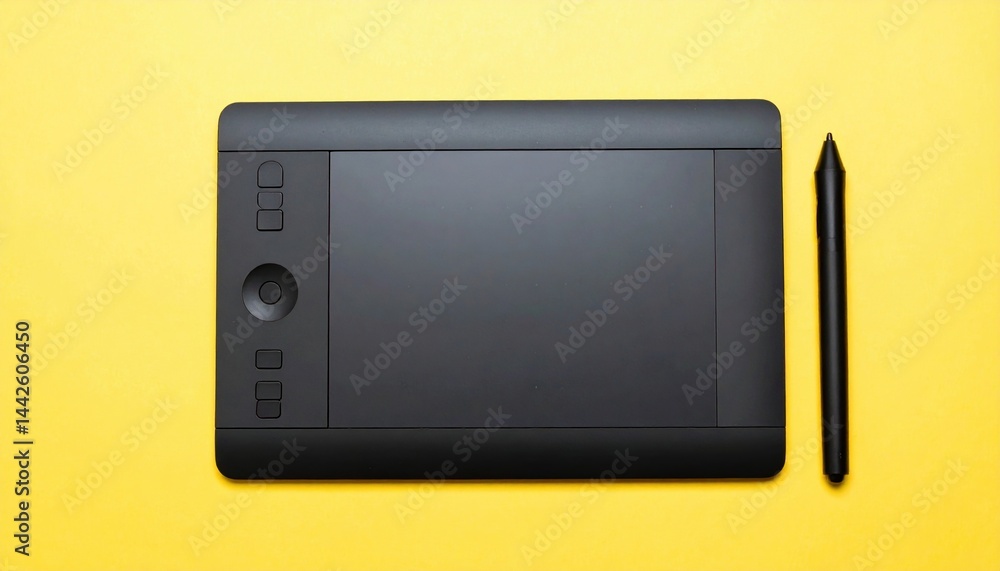 Creating digital art with a graphics tablet home office technology setup bright yellow background top-down view artistic concept for creative professionals Creating digital art with a graphics tablet home office technology setup bright yellow background top-down view artistic concept for creative professionals