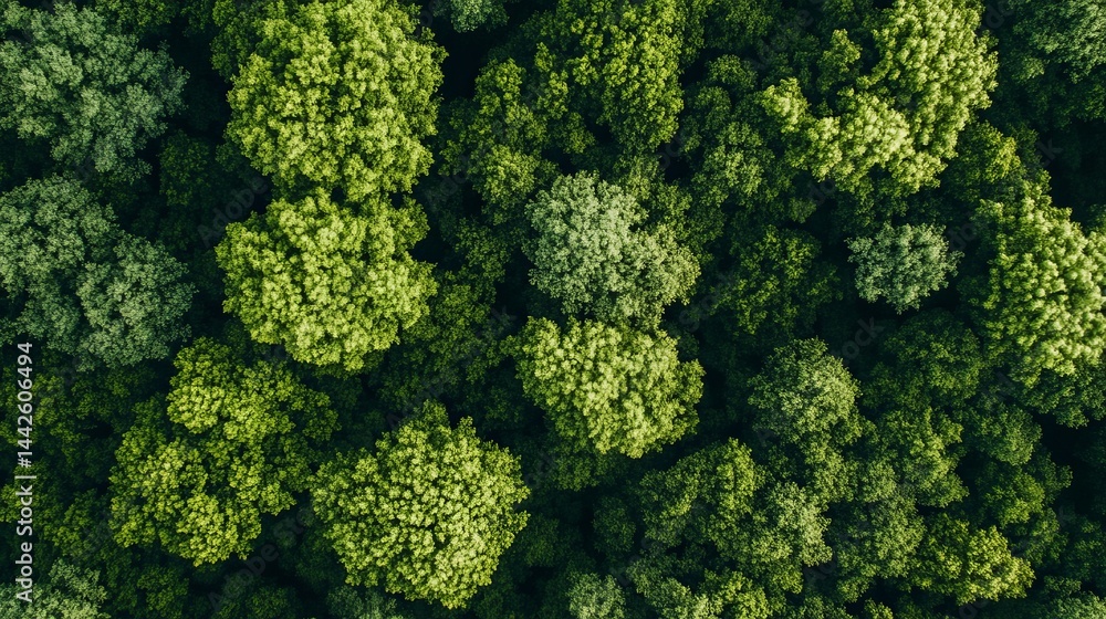Naklejka premium Aerial view of lush green forest canopy in summer sunlight sky high trees woods drone birds earth