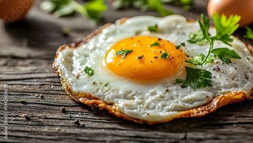 A fried egg topped with a vibrant yolk, garnished with fresh herbs, set on a rustic wooden surface with surrounding eggs. Concept Fried Egg Perfection, Vibrant Yolk Showcase, Fresh Herb Garnish