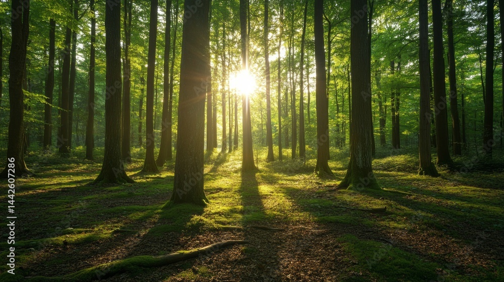 Sunny forest with light rays penetrating through the trees..Advertising of environmental projects, natural parks, tourism. Sunny forest with light rays penetrating through the trees..Advertising of environmental projects, natural parks, tourism.