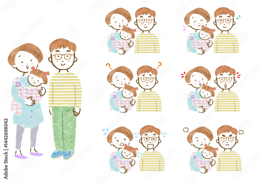 Fototapeta premium 赤ちゃんをスリング抱っこした母親とメガネをかけた父親の表情セット 
