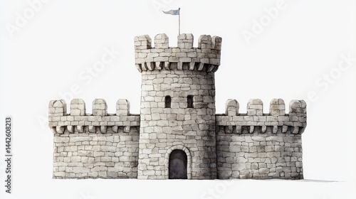 A medieval stone castle with battlements and a central tower, topped by a flag, stands isolated against a plain background.