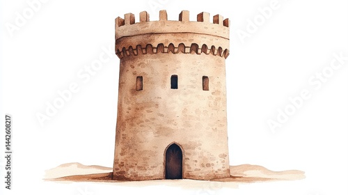 A round stone watchtower with battlements stands alone in a sandy landscape, illustrated in a watercolor style.