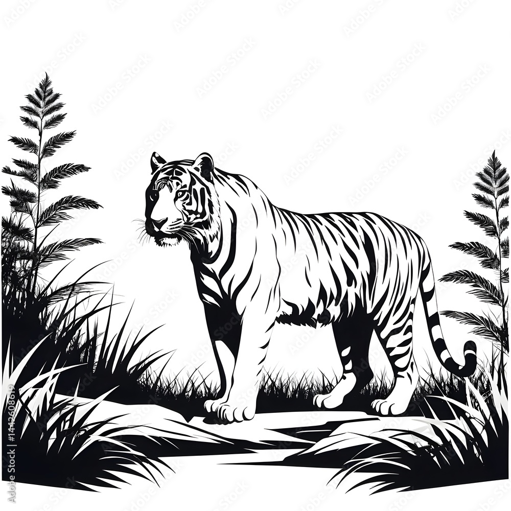 Naklejka premium EPS Vector Isolated Illustration of a Tiger Silhouette in the Wild on White Background – Wildlife Graphic Template for Logos, Posters, Nature Art, Conservation Themes, and Bold Animal Design Projects