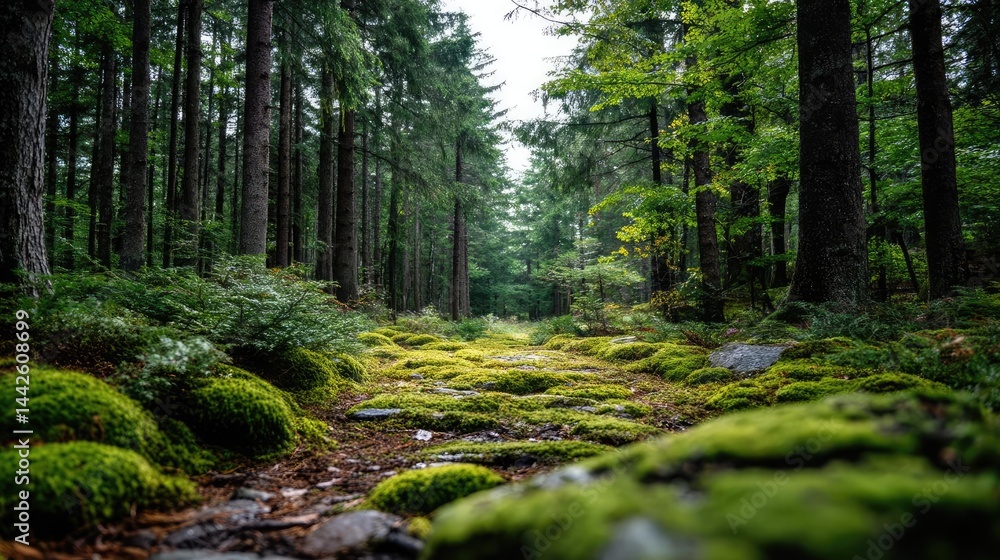 Obraz premium Green moss with relax mood in green forest concept. Lush green forest path with mossy ground.