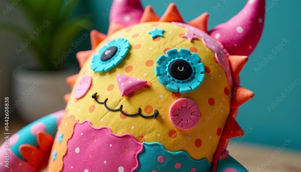 Colorful handmade plush monster toy against a bright background Colorful handmade plush monster toy against a bright background