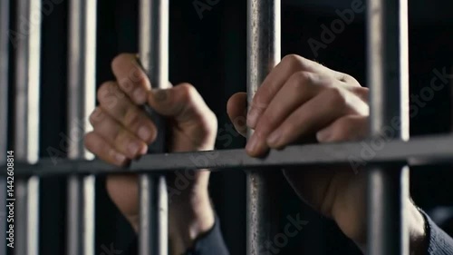 Prisoner hands gripping bars in jail cell, justice and confinement, close up view