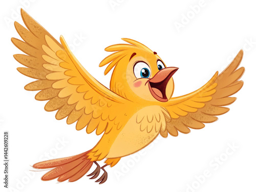 Cartoon yellow birds spreading their wings to fly isolated on a white background.