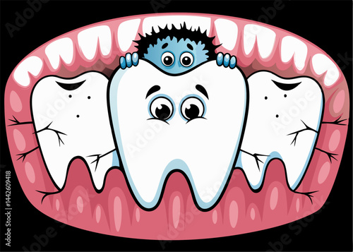 A cartoon tooth being attacked by a monster representing bacteria