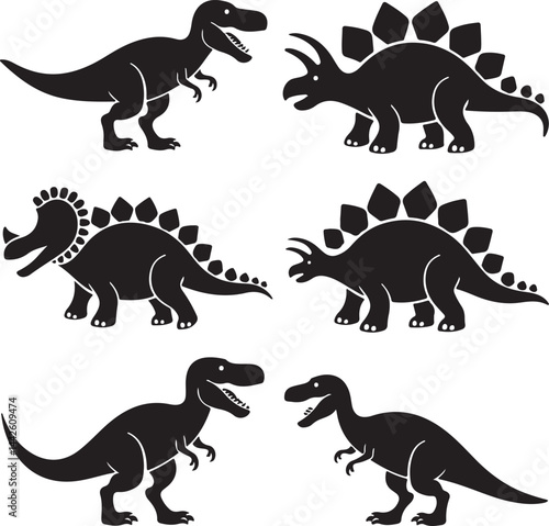 Dinosaur silhouettes T rex, triceratops, stegosaurus, brontosaurus, raptor, fun, black, kids, crafts
