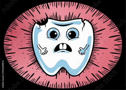 A cartoon tooth being attacked by a monster representing bacteria