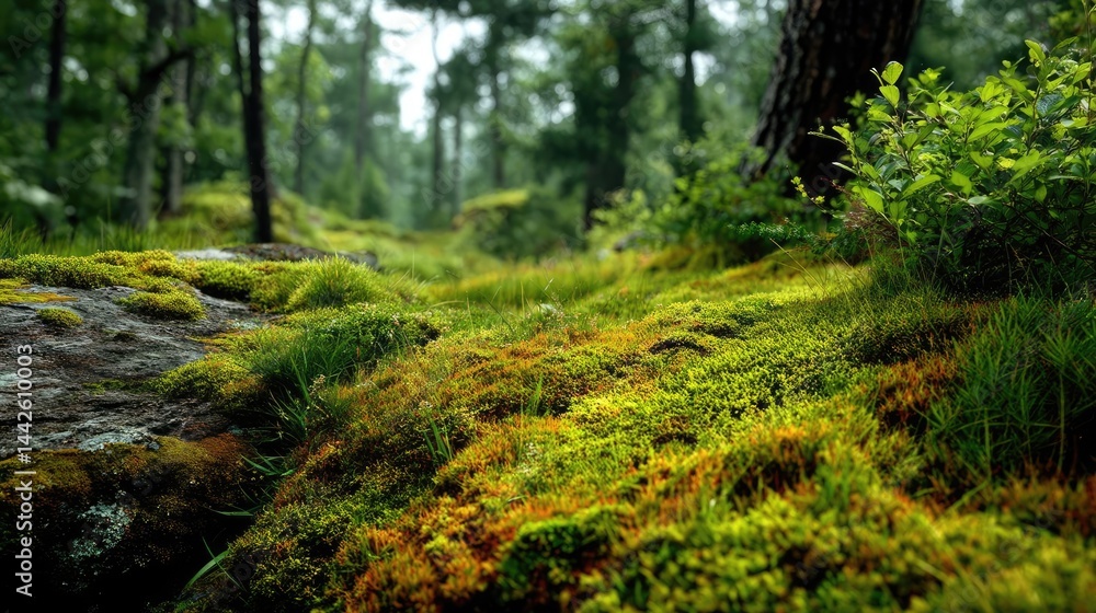 Obraz premium Green moss in natural forest with beautiful colours concept. Lush green moss covering stones in a tranquil forest landscape.