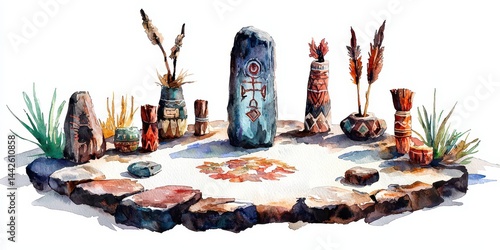 A watercolor illustration of a Native American-inspired stone circle altar with decorated totems, feathers, and symbolic plants.