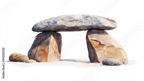 Large ancient stone structure with two upright rocks supporting a flat capstone, isolated on a white background.