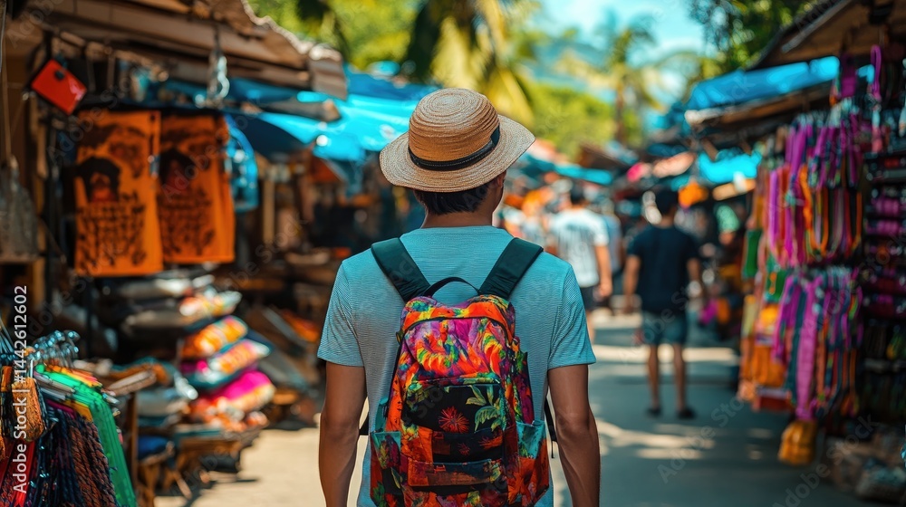 Obraz premium view of a man walking in the market wearing a hat and bag