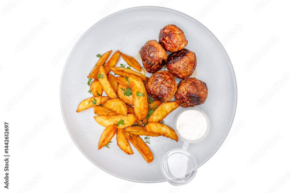 Meatballs with potatoes and sauce on a plate. Isolated over white background Meatballs with potatoes and sauce on a plate. Isolated over white background