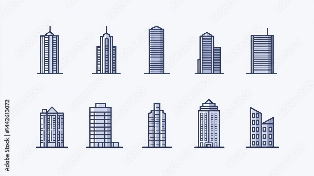 Cityscape building icons; urban architecture; design elements; web, app use Cityscape building icons; urban architecture; design elements; web, app use