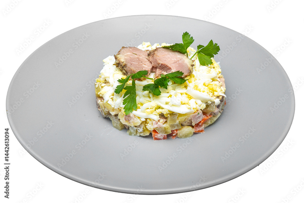 Risotto with pork, egg and vegetables. Isolated over white background Risotto with pork, egg and vegetables. Isolated over white background