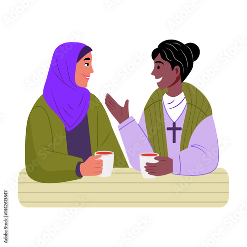 Coffee chat between two people of different cultures, flat illustration